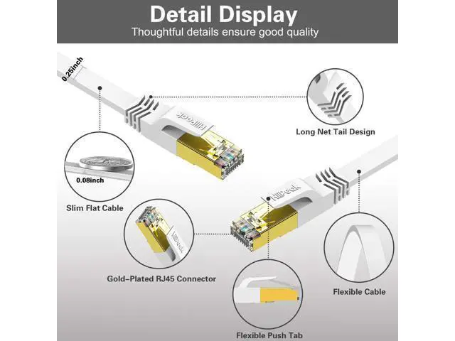Alt view image 3 of 5 - HiiPeak Cat 8 Ethernet Cable 50ft - Cat8 Flat Internet Cable High Speed LAN Patch Network Cables with RJ45 Gold Plated, Compatible with Cat5/Cat6/Cat7, White 50 ft