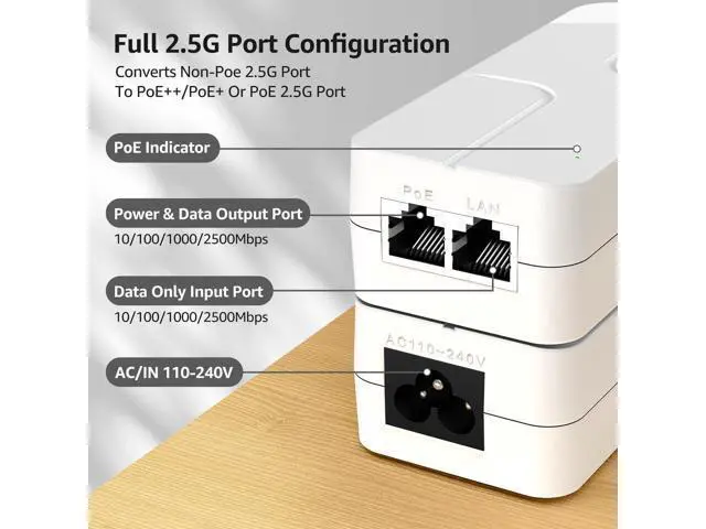 Alt view image 3 of 5 - YuanLey 2.5G PoE Injector 30W, PoE+ Injector Converts Non-PoE to PoE+, 52V IEEE 802.3at/af, 10/100/1000/2500Mbps Ethernet PoE Adapter Plug & Play, Power Over Ethernet Up to 325 Feet