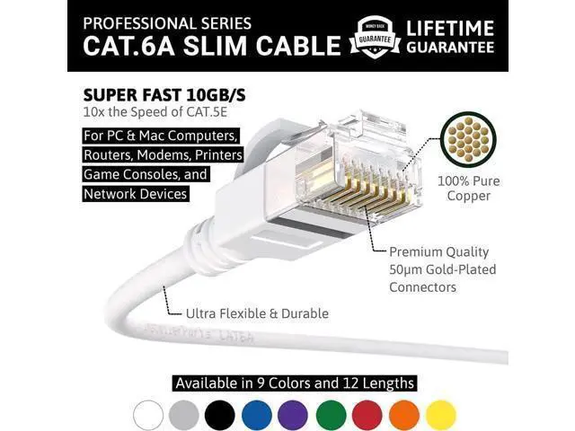 Alt view image 2 of 5 - InstallerParts Ethernet Cable CAT6A Slim Cable UTP Booted 0.5 FT (10 Pack) - White - Professional Series - 10Gigabit/Sec Network/High Speed Internet Cable, 550MHZ, 28AWG