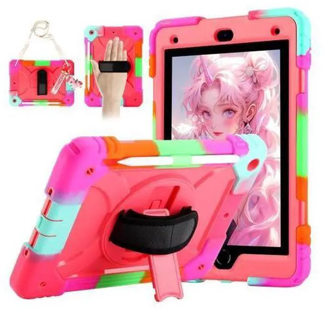 Main image of for iPad 9th/8th/7th Generation Case,iPad 10.2 Case 2021/2020/2019, with Cute Key Chain, Rugged Protective Case with 360Rotating Stand & Shoulder Hand Strap & Pen Slot for 10.2 Inch (Rainbow Rose)