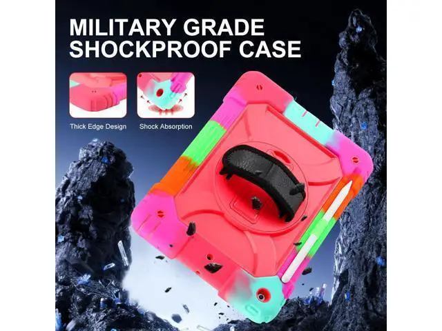 Alt view image 2 of 5 - for iPad 9th/8th/7th Generation Case,iPad 10.2 Case 2021/2020/2019, with Cute Key Chain, Rugged Protective Case with 360Rotating Stand & Shoulder Hand Strap & Pen Slot for 10.2 Inch (Rainbow Rose)