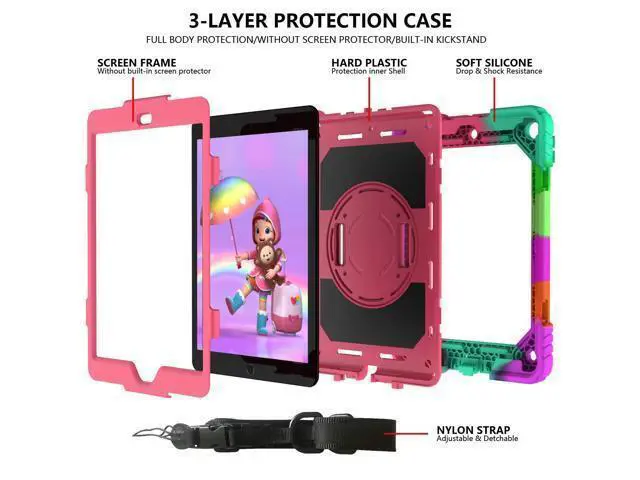 Alt view image 3 of 5 - for iPad 9th/8th/7th Generation Case,iPad 10.2 Case 2021/2020/2019, with Cute Key Chain, Rugged Protective Case with 360Rotating Stand & Shoulder Hand Strap & Pen Slot for 10.2 Inch (Rainbow Rose)
