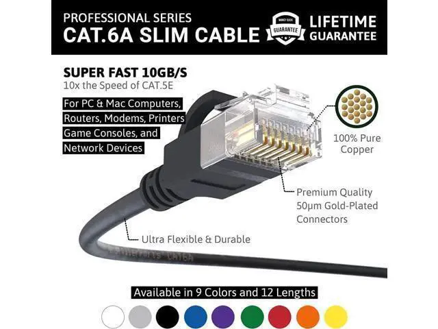 Alt view image 2 of 5 - InstallerParts Ethernet Cable CAT6A Slim Cable UTP Booted 0.5 FT (10 Pack) - Black - Professional Series - 10Gigabit/Sec Network/High Speed Internet Cable, 550MHZ, 28AWG
