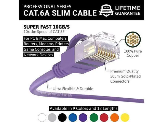 Alt view image 2 of 5 - InstallerParts Ethernet Cable CAT6A Slim Cable UTP Booted 1.5 FT (10 Pack) - Purple - Professional Series - 10Gigabit/Sec Network/High Speed Internet Cable, 550MHZ, 28AWG