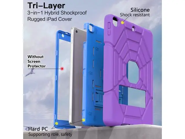 Alt view image 3 of 5 - Grifobes for iPad 9th Generation Case, for iPad 8th/7th Generation Case 2021/2020/2019, Heavy Duty Rugged Protective 10.2" Cover with Stand for iPad 9 8 7 Gen 10.2 inch Kid Girls (Purple+Blue)