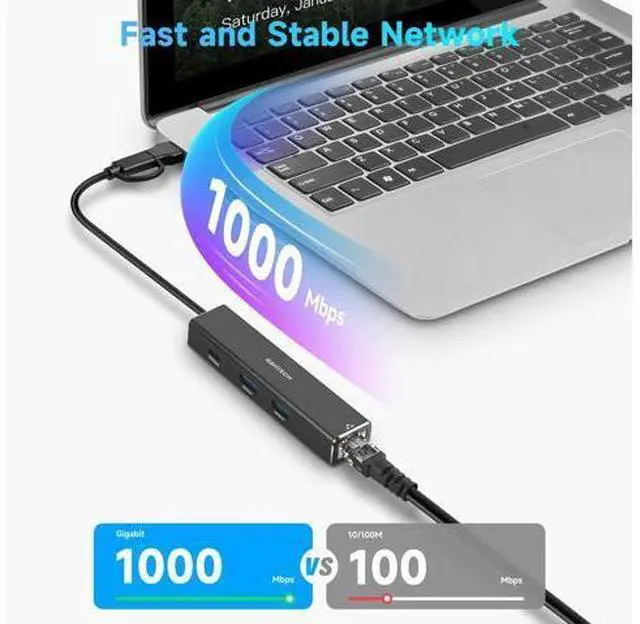 Alt view image 4 of 5 - USB to Ethernet Adapter, RSHTECH USB 3.2 Gen 2 Hub with RJ45 Gigabit Ethernet, 10Gbps USB-C and 2 USB-A Data Ports, Aluminum USB Type C to LAN Network Adapter Splitter for Laptop and PC, RSH-ST310