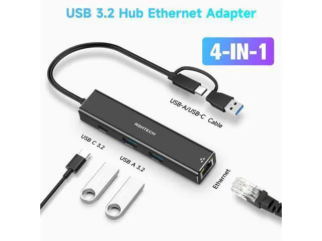 Alt view image 2 of 5 - USB to Ethernet Adapter, RSHTECH USB 3.2 Gen 2 Hub with RJ45 Gigabit Ethernet, 10Gbps USB-C and 2 USB-A Data Ports, Aluminum USB Type C to LAN Network Adapter Splitter for Laptop and PC, RSH-ST310