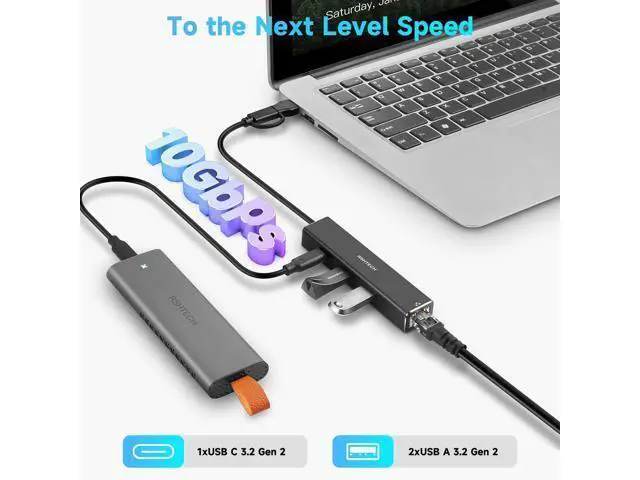 Alt view image 3 of 5 - USB to Ethernet Adapter, RSHTECH USB 3.2 Gen 2 Hub with RJ45 Gigabit Ethernet, 10Gbps USB-C and 2 USB-A Data Ports, Aluminum USB Type C to LAN Network Adapter Splitter for Laptop and PC, RSH-ST310