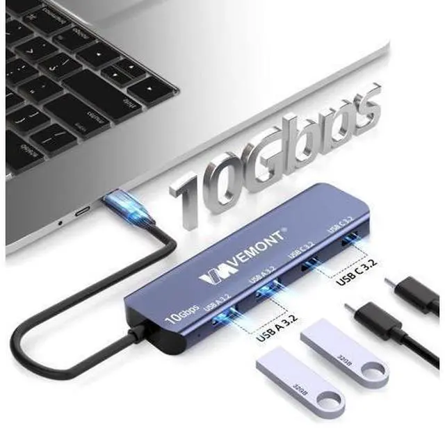 Alt view image 4 of 5 - USB C Hub 3.2 10Gbps, VEMONT Aluminum USB 3.2 Hub with 2 USB-C and 2 USB-A Data Ports, Ultra Slim USB 3.2 Gen 2 Hub for MacBook Pro/Air 2022/2021, for iPhone,for iPad Pro,for Surface Pro and More