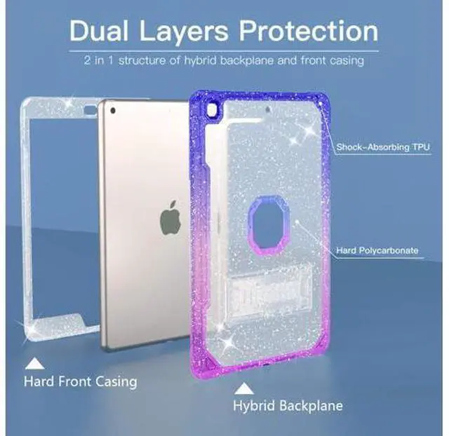 Alt view image 3 of 5 - ZoneFoker for iPad 9th Generation Case, for iPad 8th/7th Gen 10.2 inch Case 2021/2020/2019, Clear Glitter Dual-Layer Slim Sturdy Case with Stand Tablet Cover for Kids/Girl/Women-PurpleToBlue