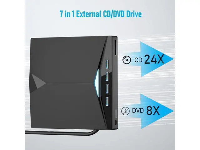 Alt view image 2 of 5 - External CD/DVD Drive for PC, Portable 7 in1 USB 3.0 CD Drive External Usb, CD Reader for PC CD Burner with 4 USB Ports and TF/SD Card Slots, External Dvd Burner for Windows 11/10/8/7/XP/Linux/MacOS