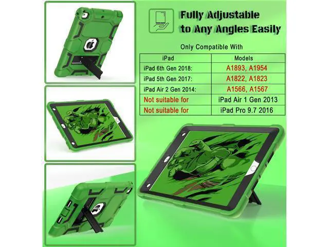 Alt view image 2 of 5 - CCMAO iPad 6th Generation Cases, iPad 5th Generation Case, iPad 9.7 Case, iPad Air 2 Case, Hybrid Shockproof Rugged Drop Protection Case Built with Kickstand for Kids Boys Girls, Green+Black