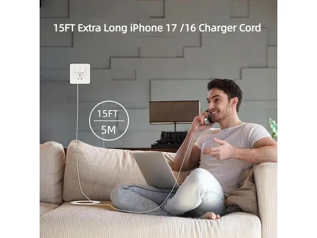 Alt view image 3 of 5 - Cabepow 15 FT Extra Long USB C to USB C Cable,15FT iPhone17 16 15 Charger Cord,Long Apple Type C to C Cable 5M Fast Charging Cord for iPhone 17 Pro Max/17 Pro/16 Pro Max /15 Pro/16 Pro/iPad Pro