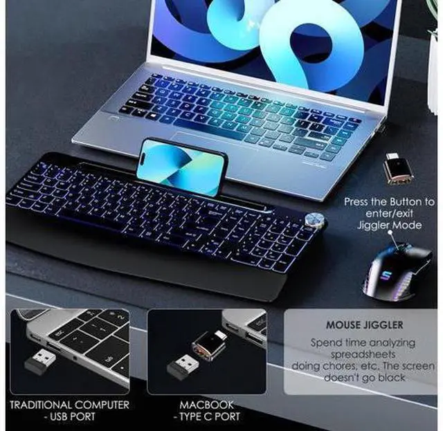 Alt view image 2 of 5 - Suteke Wireless USB C Mouse with Jiggler for Computer Mac Laptop, LED Wireless Rechargeable Mouse for MacBook Air Pro/iMac Desktop with Type C Adapter, Ergonomic, 5 Adjustable 3200 DPI, 7-Color LED