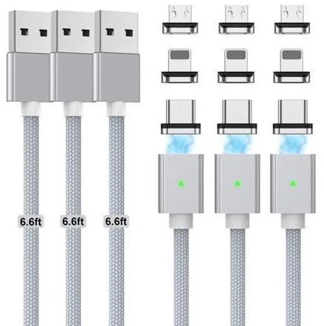 Main image of Magnetic Charging Cable 3A Fast Charging(3 Pack,6.6/6.6/6.6ft) 3 in 1 Magnetic Phone Charger with LED Light, Nylon Braided, for USB-C/Micro-USB Device (Silver, 6.6/6.6/6.6ft)