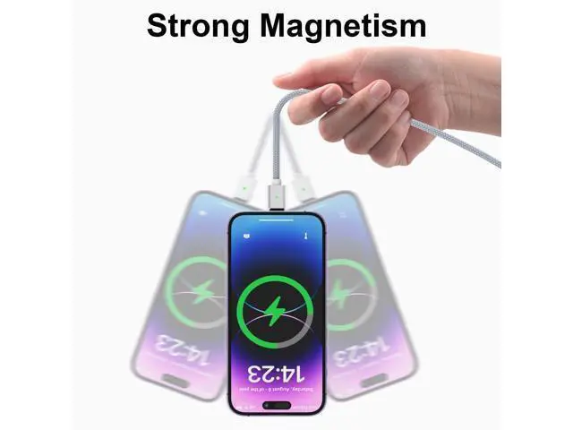Alt view image 5 of 5 - Magnetic Charging Cable 3A Fast Charging(3 Pack,6.6/6.6/6.6ft) 3 in 1 Magnetic Phone Charger with LED Light, Nylon Braided, for USB-C/Micro-USB Device (Silver, 6.6/6.6/6.6ft)