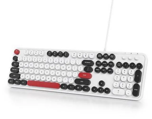 Main image of Owpkeenthy Wired Cute Retro Round Key Typewriter Keyboard - Full Size, Quiet, Plug and Play USB With Foldable Stands for Laptop and Office PC (Minimalist White)