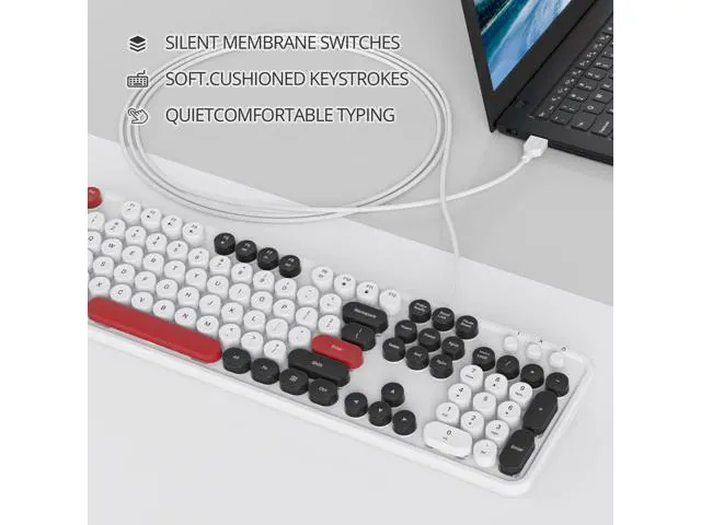 Alt view image 3 of 5 - Owpkeenthy Wired Cute Retro Round Key Typewriter Keyboard - Full Size, Quiet, Plug and Play USB With Foldable Stands for Laptop and Office PC (Minimalist White)