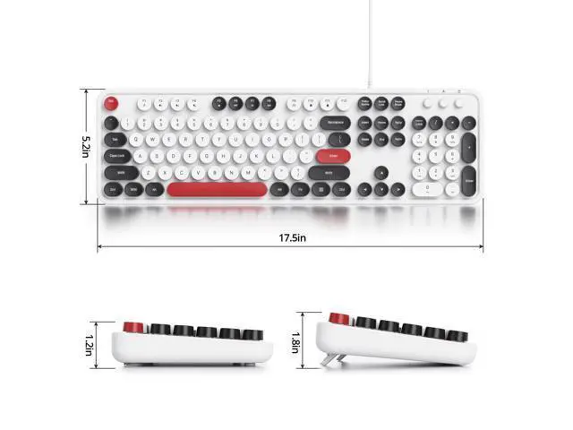 Alt view image 2 of 5 - Owpkeenthy Wired Cute Retro Round Key Typewriter Keyboard - Full Size, Quiet, Plug and Play USB With Foldable Stands for Laptop and Office PC (Minimalist White)