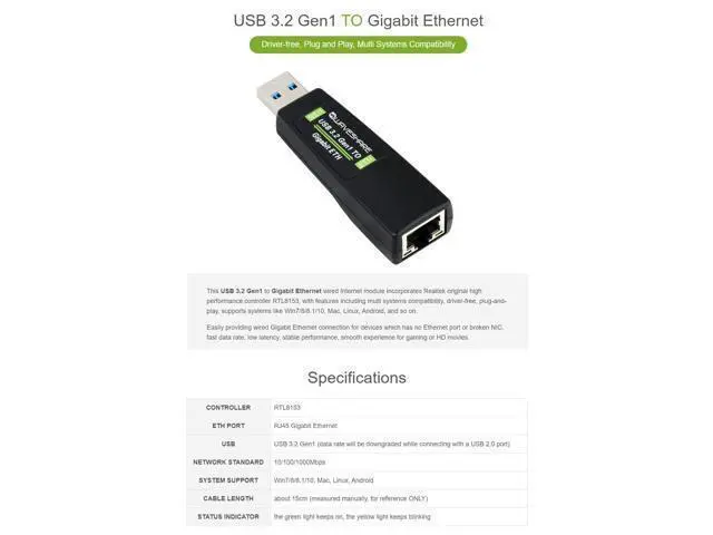 Alt view image 4 of 5 - Waveshare USB 3.2 Gen1 to Gigabit Ethernet Converter No Driver Required Plug and Play Multi Systems Compatibility