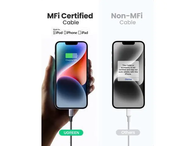 Alt view image 3 of 5 - UGREEN USB C to Lightning Cable 6FT - MFi Certification Lightning Cable Compatible with iPhone 14/14 Pro/14 Pro Max, iPhone 13/12/11/X/XR/XS/8 Series, iPad 9, AirPods Pro, and More