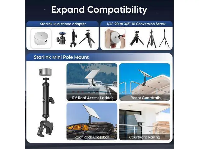 Alt view image 5 of 5 - Starlink Mini RV Mount, Aluminum Starlink Mini Clamp Mount with Pipe Adapter, 1/4"-20 & 3/8"-16 Thread & Adjustable Bracket Fits 2025 Starlink Mini X, for RV, Boat, Camper, Roof Rack, Balcony (Gray)