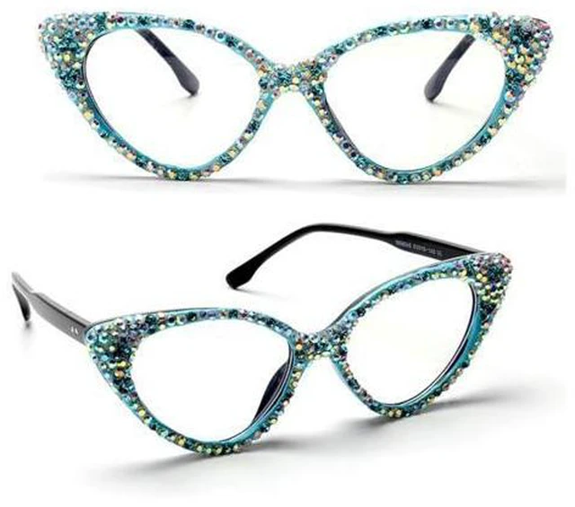 Alt view image 5 of 5 - ICARA Bling Crystal Cat Eye Reading Glasses Rhinestone Blue Light Blocking Glasses for Women (ab blue, 0.0, x)