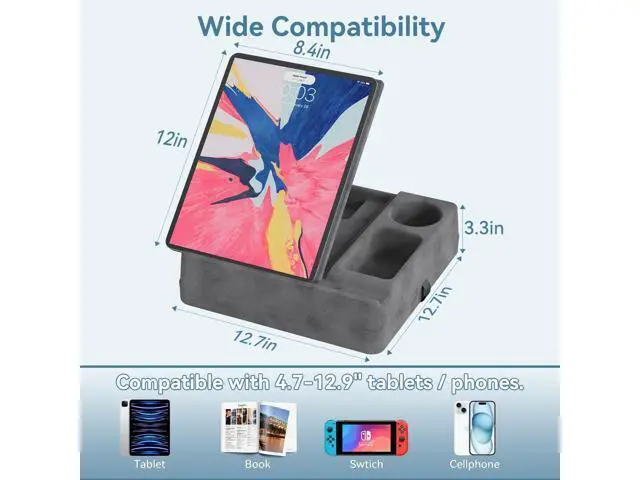 Alt view image 3 of 5 - AEWOTING Tablet Pillow Stand for Lap, Bed and Desk, Foldable Soft iPad Holder with Snack Bowl for Kindle,Phone,Tablet,E-Reader,Free Reading and Relaxation on Bed,Couch,Recliner,Gray