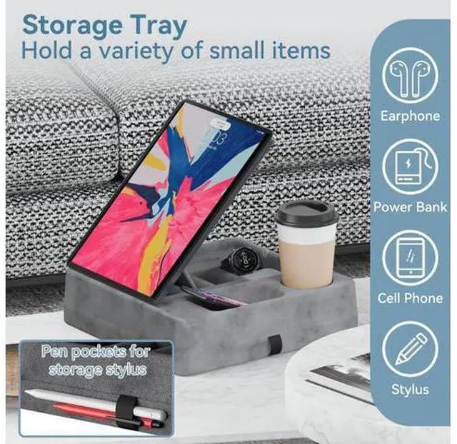 Alt view image 5 of 5 - AEWOTING Tablet Pillow Stand for Lap, Bed and Desk, Foldable Soft iPad Holder with Snack Bowl for Kindle,Phone,Tablet,E-Reader,Free Reading and Relaxation on Bed,Couch,Recliner,Gray
