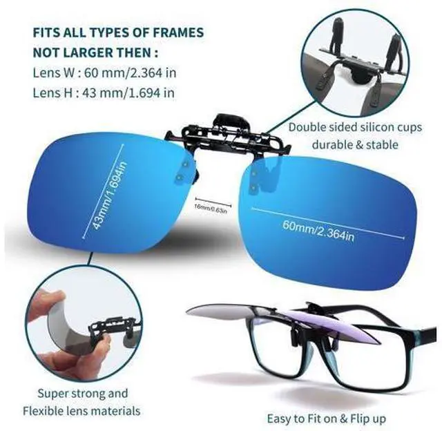 Alt view image 5 of 5 - BLUE CUT Clip on Polarized Night vision Glasses Flip up Sunglasses UV-400 to Wear Over prescription Glasses for night driving