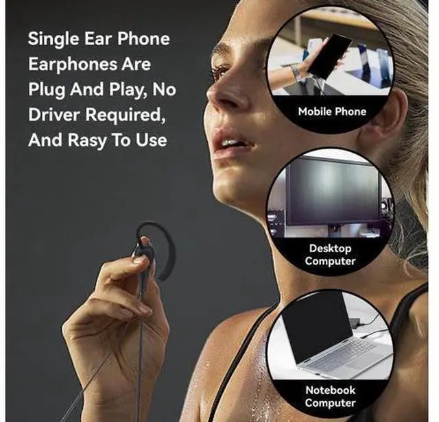Alt view image 2 of 5 - Cyrank Single Side Earphone Earbud, One Ear Ear Hook Headphone Sport Earphone with Hook Mono Headphone with Mic 3.5mm Wired Headset for Office for Safe Driving Biking Running Gaming and Working