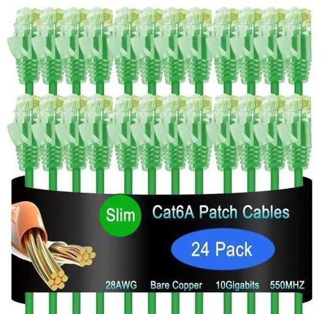 Main image of Lysymixs Cat6a Slim Ethernet Patch Cable 1 ft (24 Pack), Cat6a Patch Cable for Data Centers, Cat 6 Cable 10G, Network Patch Cables for Home and Enterprise Network -Green