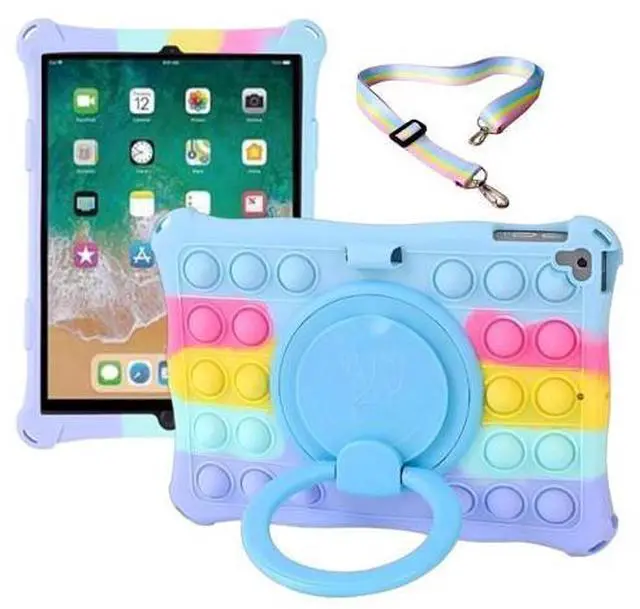 Main image of IPad 9.7 inch Kids Case Girls Boys, UFAINEI iPad 6th Generation Case iPad 5th Generation Case Soft Silicone Popit Case for IPad Pro 9.7 with 360 Rotatable Stand & Shoulder Strap, Colorful Blue