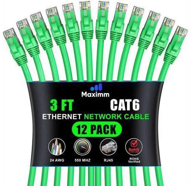 Main image of Maximm Cat 6 Ethernet Cable - 3 ft (12-Pack) - High-Speed LAN, Internet, Patch, and Network Cable - UTP, 10Gbps, 550MHz Ethernet Cord - Green
