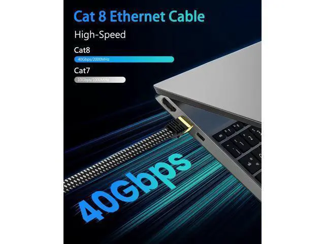Alt view image 2 of 5 - ARISKEEN Cat 8 Ethernet Cable 30 FT, Nylon Braided High Speed Cat8 Network LAN Patch Cord, 40Gbps 2000Mhz Shielded RJ45 Flat Internet Cable (Black)