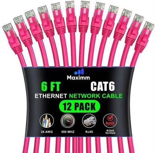 Main image of Maximm Cat 6 Ethernet Cable - 6 ft (12-Pack), High-Speed LAN, Internet, Patch, Network Cable - UTP, 10Gbps, 550MHz - Pink