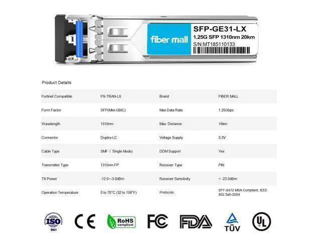 Alt view image 3 of 5 - 1G SFP LX Optical Transceiver Module, Compatible with Fortinet FN-TRAN-LX FG-TRAN-LX FR-TRAN-LX 1000BASE-LX/LH Mini-GBIC SMF, 1330nm, 20km LC DOM