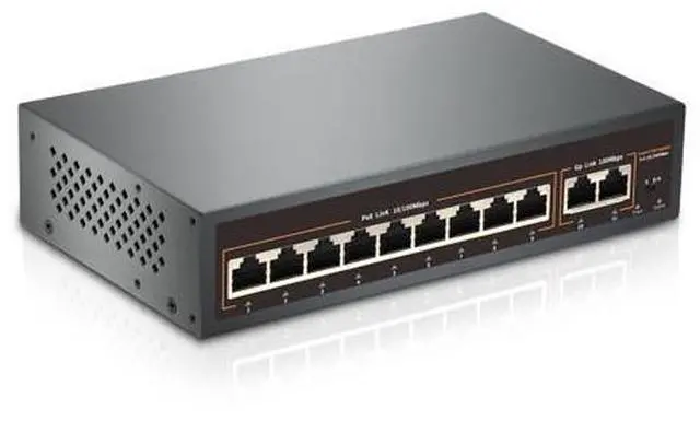 Main image of 9 Port PoE Switch with 2 Uplink, 9 PoE+ Port 100Mbps, 120W 802.3af/at, Metal Desktop Wall Mountable,VLAN Function,250 Meters Extend,Metal Fanless Plug and Play Network Switch