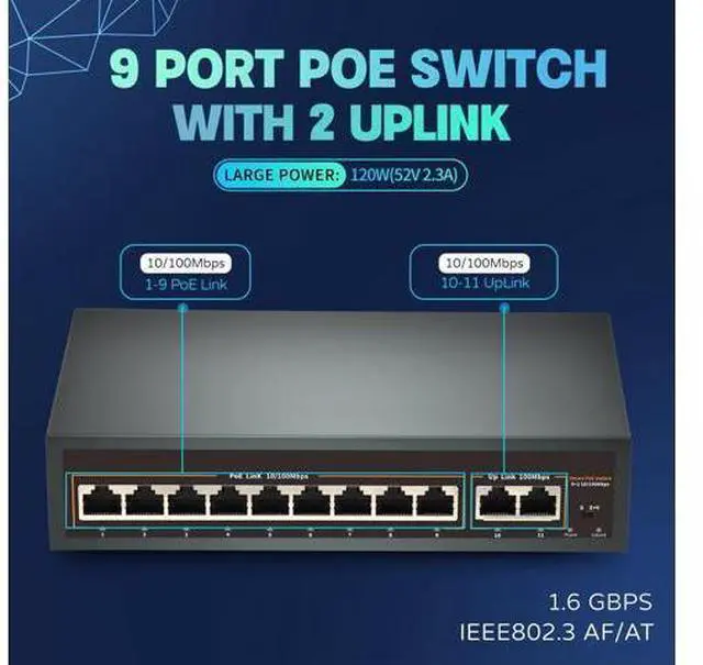 Alt view image 2 of 5 - 9 Port PoE Switch with 2 Uplink, 9 PoE+ Port 100Mbps, 120W 802.3af/at, Metal Desktop Wall Mountable,VLAN Function,250 Meters Extend,Metal Fanless Plug and Play Network Switch