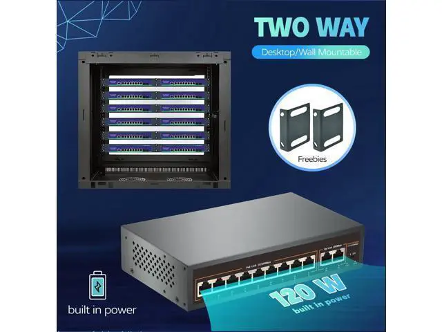 Alt view image 5 of 5 - 9 Port PoE Switch with 2 Uplink, 9 PoE+ Port 100Mbps, 120W 802.3af/at, Metal Desktop Wall Mountable,VLAN Function,250 Meters Extend,Metal Fanless Plug and Play Network Switch