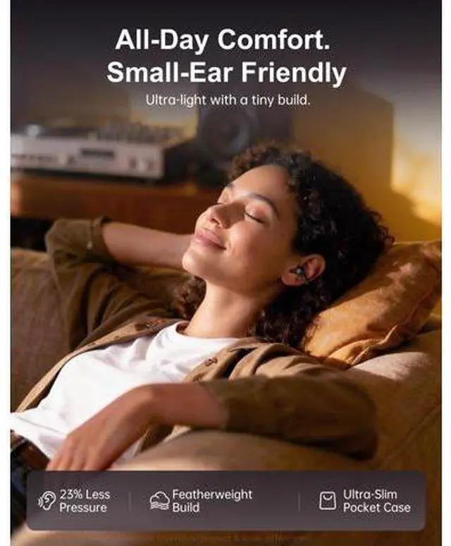 Alt view image 2 of 5 - Kinglucky Open Ear Earbuds for Small Ears, Clip-on Bluetooth 6.0 Wireless Headphones with Physical Button, Ultra-Light 4.2g Comfortable Fit, ENC Clear Calls, IPX6, 50H Playtime with Mic (Black)