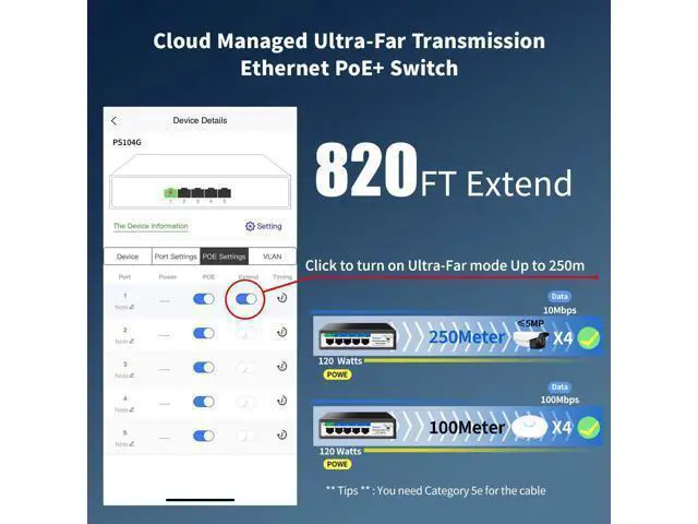 Alt view image 5 of 5 - 5-Port Ethernet PoE Switch (4 PoE Ports, 1 Uplink) with Extend Function, Easy Smart Managed Ethernet Switch, Plug & Play, Fanless Metal Design, VLAN, Qos,Desktop/Wall Mount