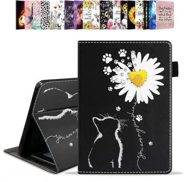 Main image of POIUYTREW Case for All-New Amazon Kindle Fire 7 Tablet (7", 12th Generation, 2022 Release) Latest Model - PU Leather Folio Case with Smart Auto Wake/Sleep, Cat and Daisy Flower