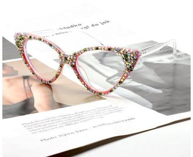 Alt view image 3 of 5 - ICARA Bling Crystal Cat Eye Reading Glasses Rhinestone Blue Light Blocking Glasses for Women (ab grren, 0.0, x)