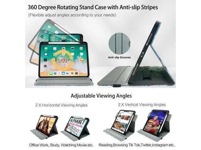 Alt view image 3 of 5 - Rotating iPad Air 11-Inch Case M3/M2, Case for iPad Air 5th/4th Generation 10.9 Inch,360 Swivel Multi-Angle Adjustable Stand Pencil Holder/Pocket/Hand Strap case for iPad Pro 11-inch Flowers Butterfly