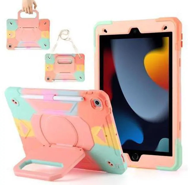 Main image of Case for iPad 9th Generation (2021) /iPad 8th Gen (2020)/iPad 7th Gen (2019), Military Grade Shockproof iPad Case Built-in 360Rotating Stand/Pen Slot/Shoulder Strap, for iPad 10.2 (Rainbow Pink)
