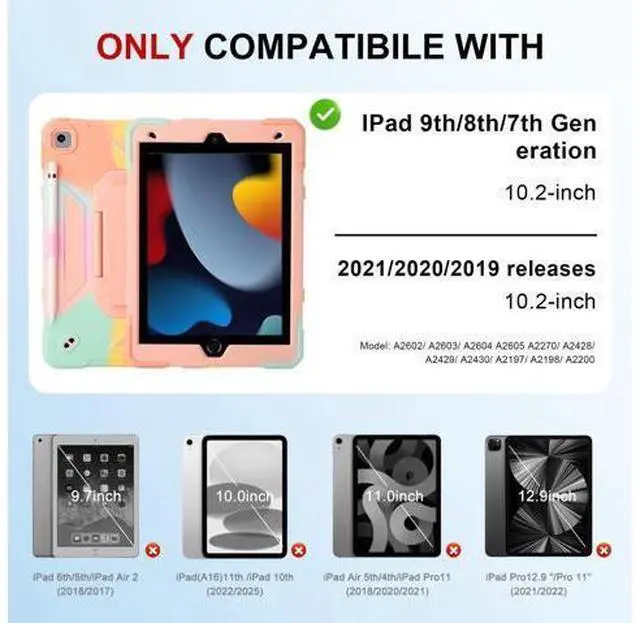 Alt view image 2 of 5 - Case for iPad 9th Generation (2021) /iPad 8th Gen (2020)/iPad 7th Gen (2019), Military Grade Shockproof iPad Case Built-in 360Rotating Stand/Pen Slot/Shoulder Strap, for iPad 10.2 (Rainbow Pink)