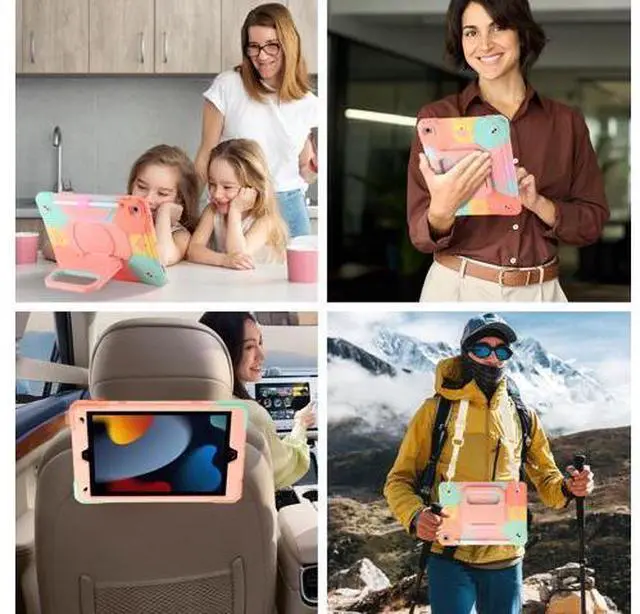 Alt view image 5 of 5 - Case for iPad 9th Generation (2021) /iPad 8th Gen (2020)/iPad 7th Gen (2019), Military Grade Shockproof iPad Case Built-in 360Rotating Stand/Pen Slot/Shoulder Strap, for iPad 10.2 (Rainbow Pink)