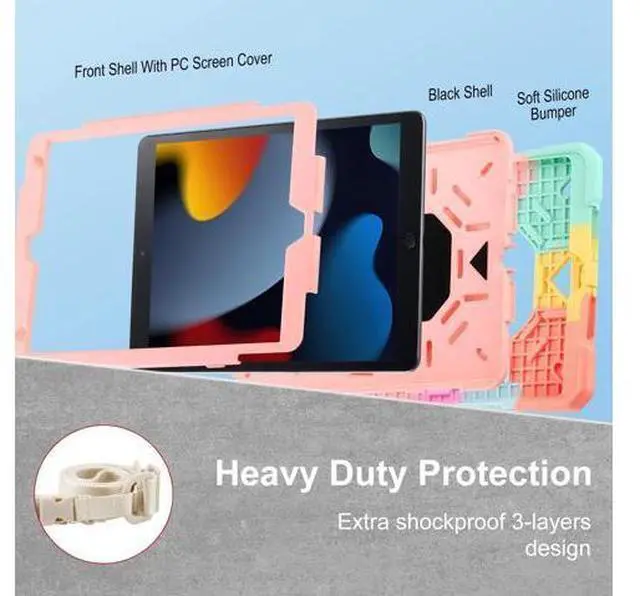 Alt view image 4 of 5 - Case for iPad 9th Generation (2021) /iPad 8th Gen (2020)/iPad 7th Gen (2019), Military Grade Shockproof iPad Case Built-in 360Rotating Stand/Pen Slot/Shoulder Strap, for iPad 10.2 (Rainbow Pink)