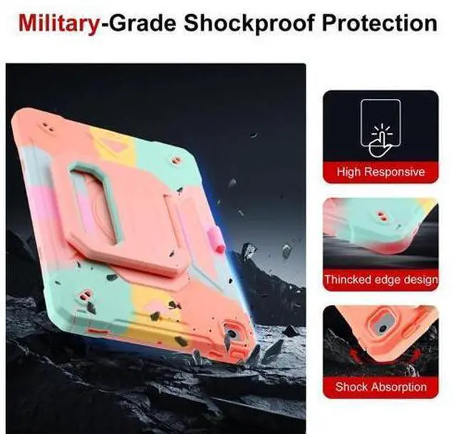 Alt view image 3 of 5 - Case for iPad 9th Generation (2021) /iPad 8th Gen (2020)/iPad 7th Gen (2019), Military Grade Shockproof iPad Case Built-in 360Rotating Stand/Pen Slot/Shoulder Strap, for iPad 10.2 (Rainbow Pink)